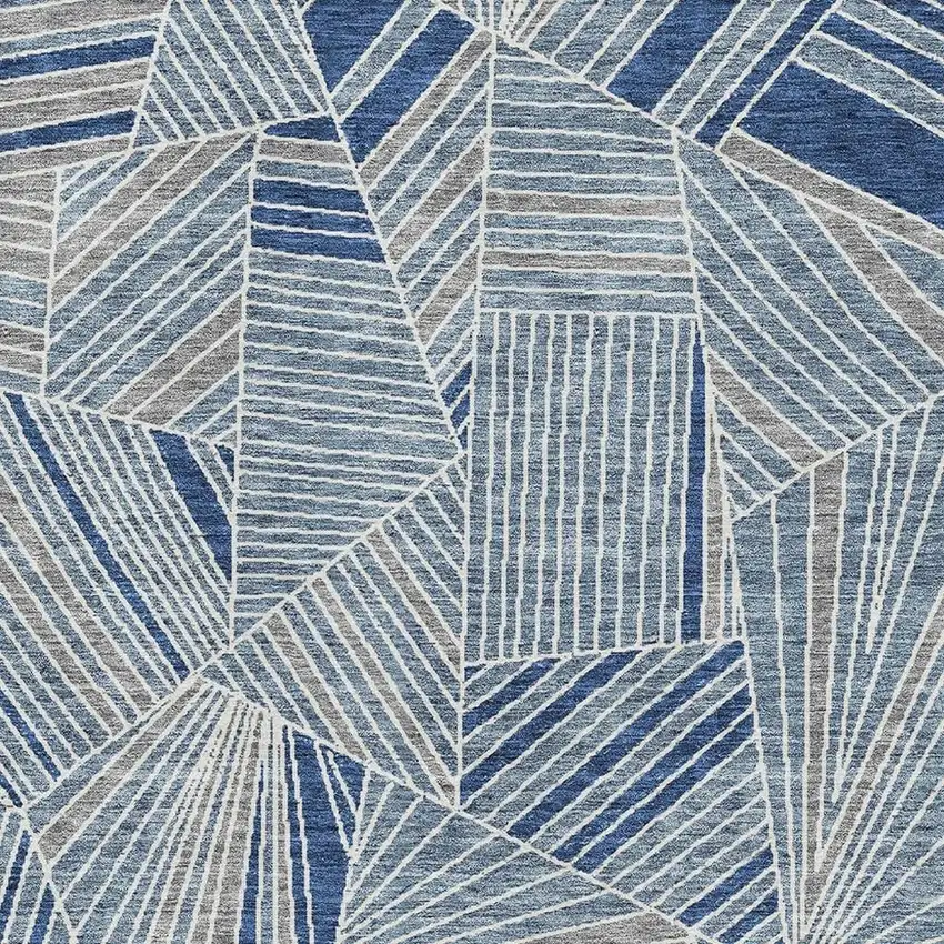 Denim Blue And Ivory Geometric Washable Area Rug With UV Protection Photo 3