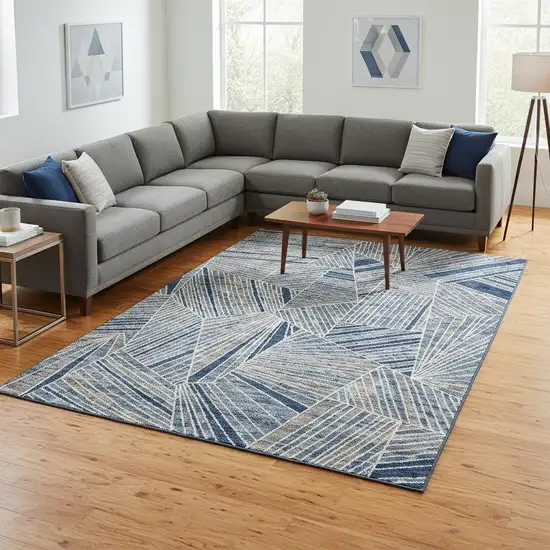 Denim Blue And Ivory Geometric Washable Area Rug With UV Protection Photo 2