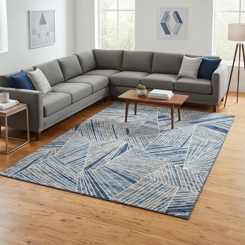 Denim Blue And Ivory Geometric Washable Area Rug With UV Protection Photo 2