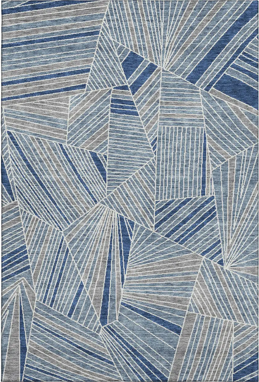 Denim Blue And Ivory Geometric Washable Area Rug With UV Protection Photo 1