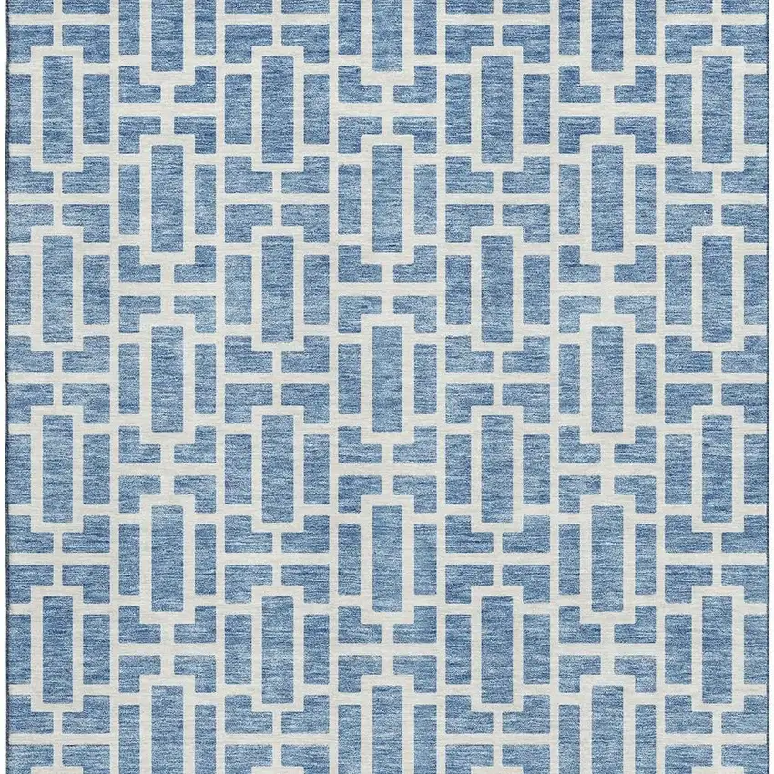 Denim Blue And Ivory Geometric Washable Area Rug With UV Protection Photo 4