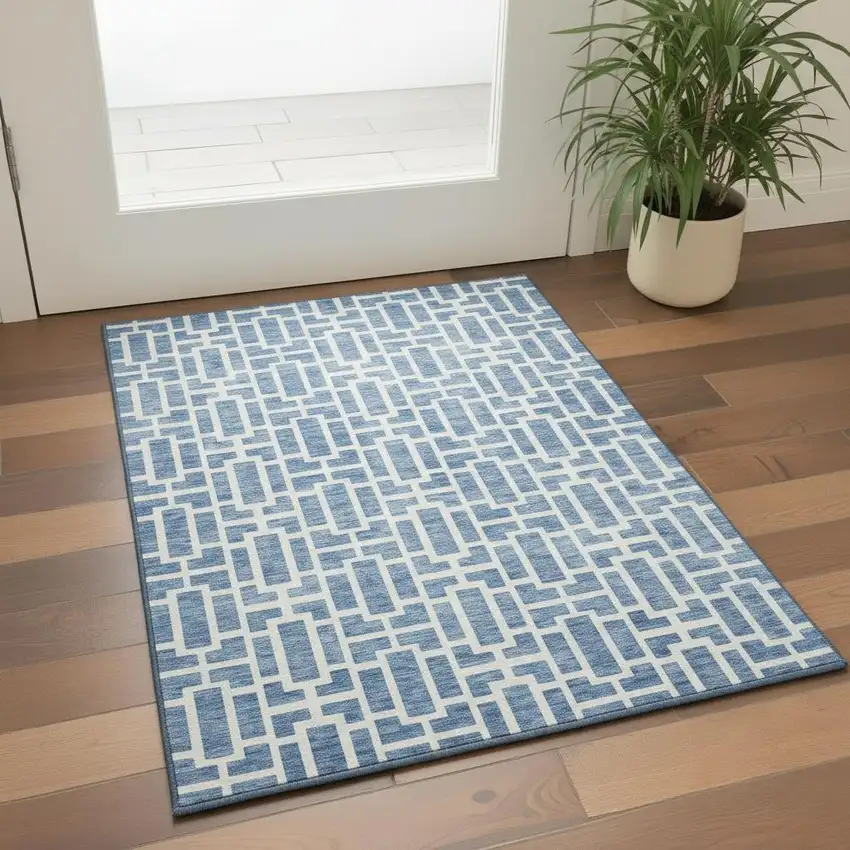 Denim Blue And Ivory Geometric Washable Area Rug With UV Protection Photo 2
