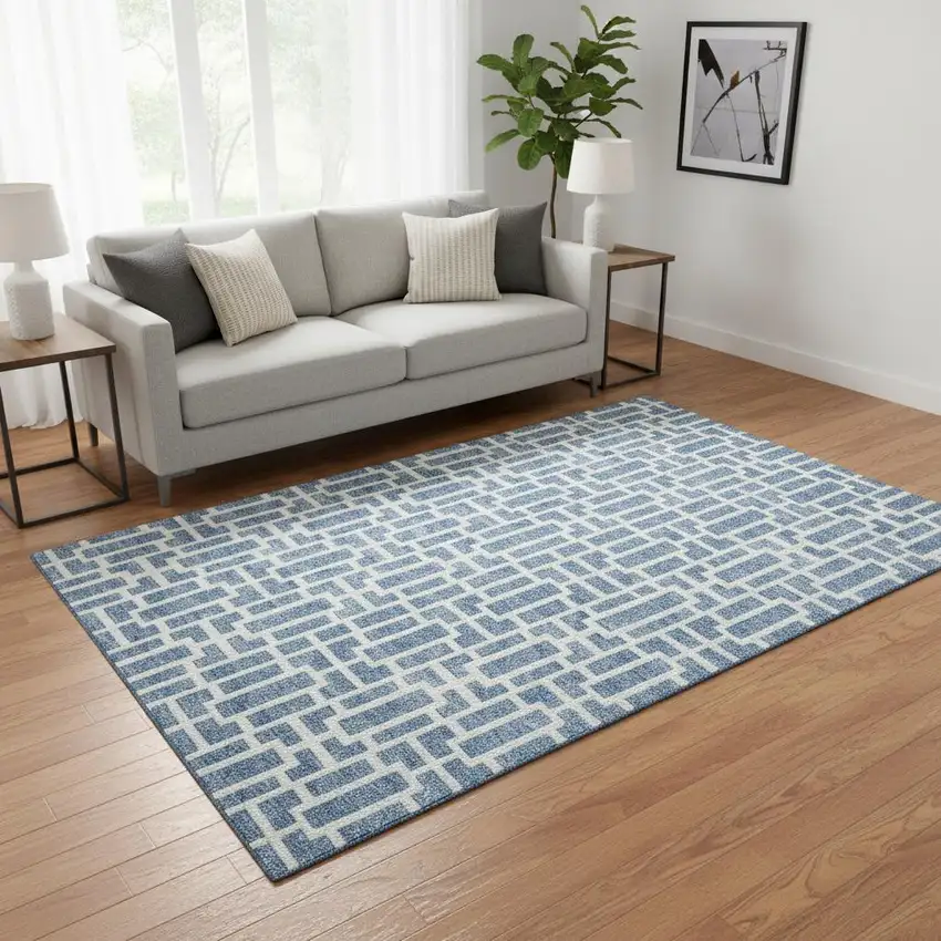 Denim Blue And Ivory Geometric Washable Area Rug With UV Protection Photo 2