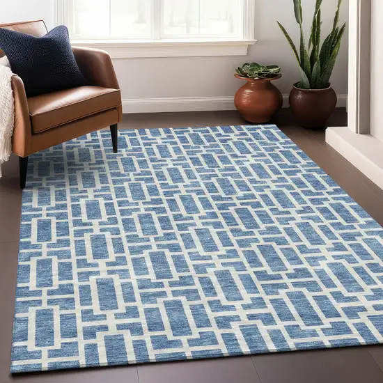 Denim Blue And Ivory Geometric Washable Area Rug With UV Protection Photo 5