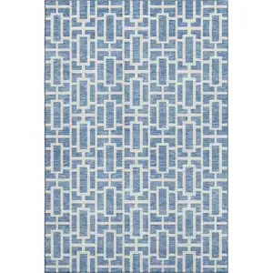 Photo of Denim Blue And Ivory Geometric Washable Area Rug With UV Protection