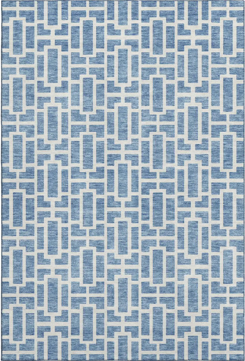 Denim Blue And Ivory Geometric Washable Area Rug With UV Protection Photo 1