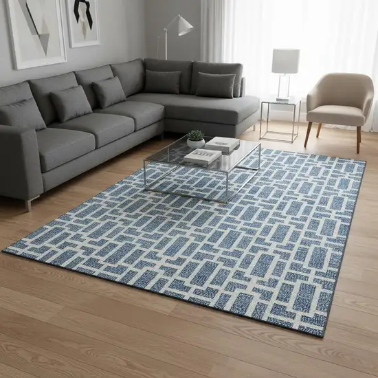 Denim Blue And Ivory Geometric Washable Area Rug With UV Protection Photo 2