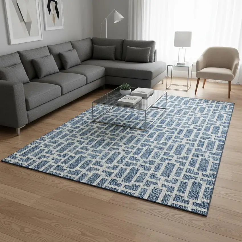 Denim Blue And Ivory Geometric Washable Area Rug With UV Protection Photo 2