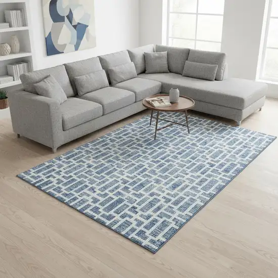 Denim Blue And Ivory Geometric Washable Area Rug With UV Protection Photo 2