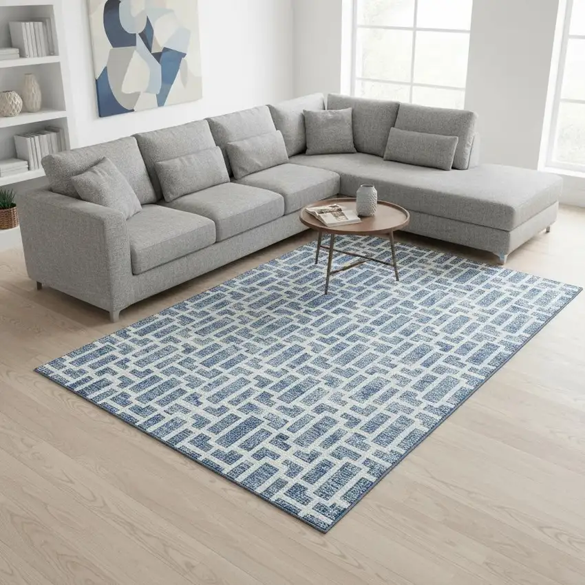 Denim Blue And Ivory Geometric Washable Area Rug With UV Protection Photo 2