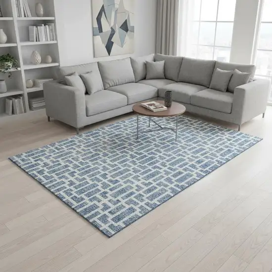 Denim Blue And Ivory Geometric Washable Area Rug With UV Protection Photo 2