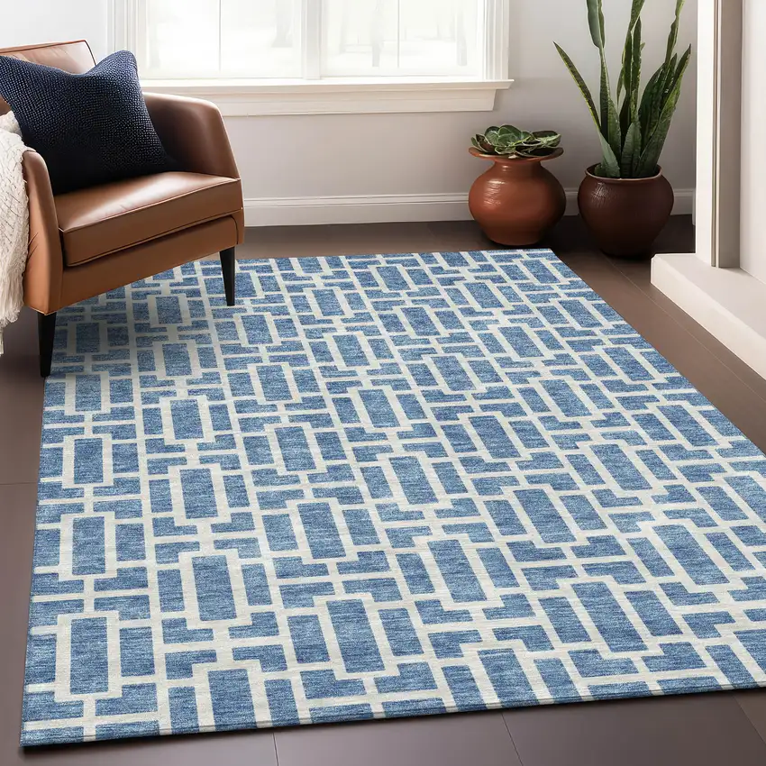 Denim Blue And Ivory Geometric Washable Area Rug With UV Protection Photo 5