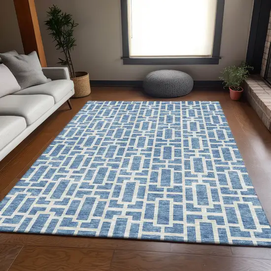 Denim Blue And Ivory Geometric Washable Area Rug With UV Protection Photo 6