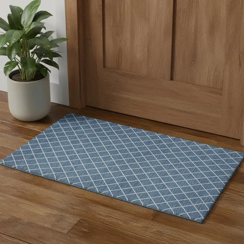 Denim Blue And Ivory Geometric Washable Area Rug With UV Protection Photo 1