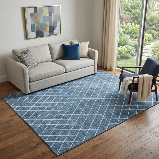 Denim Blue And Ivory Geometric Washable Area Rug With UV Protection Photo 1