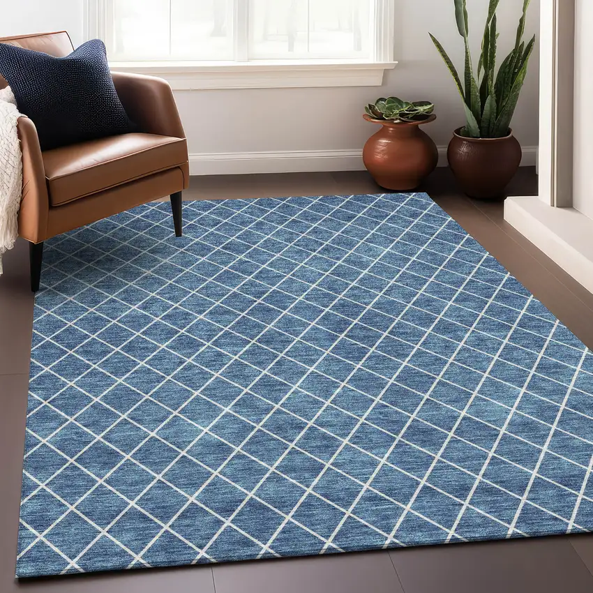 Denim Blue And Ivory Geometric Washable Area Rug With UV Protection Photo 2