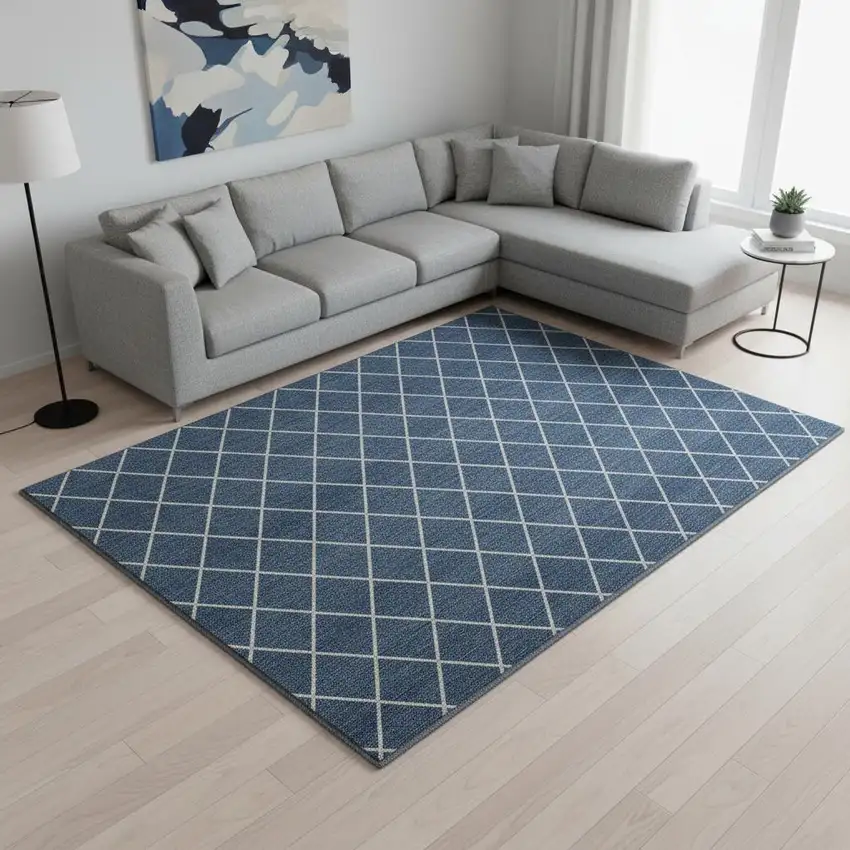 Denim Blue And Ivory Geometric Washable Area Rug With UV Protection Photo 2