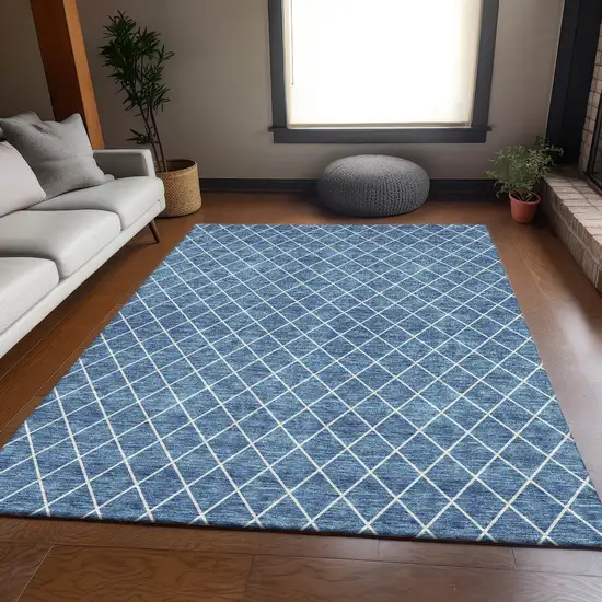 Denim Blue And Ivory Geometric Washable Area Rug With UV Protection Photo 3