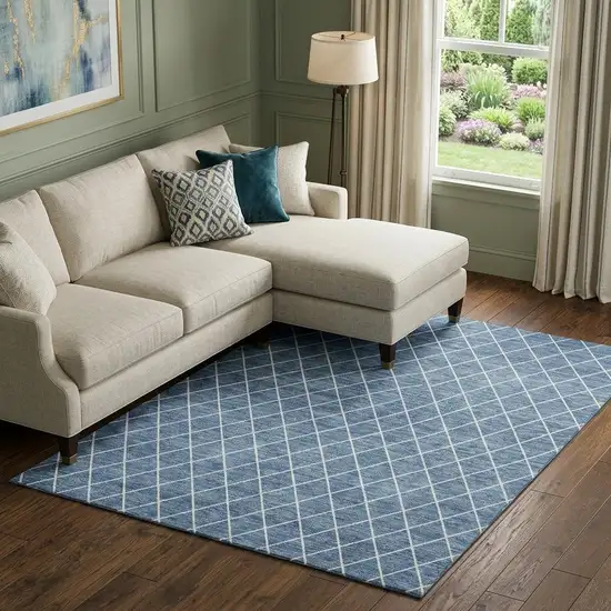 Denim Blue And Ivory Geometric Washable Area Rug With UV Protection Photo 1
