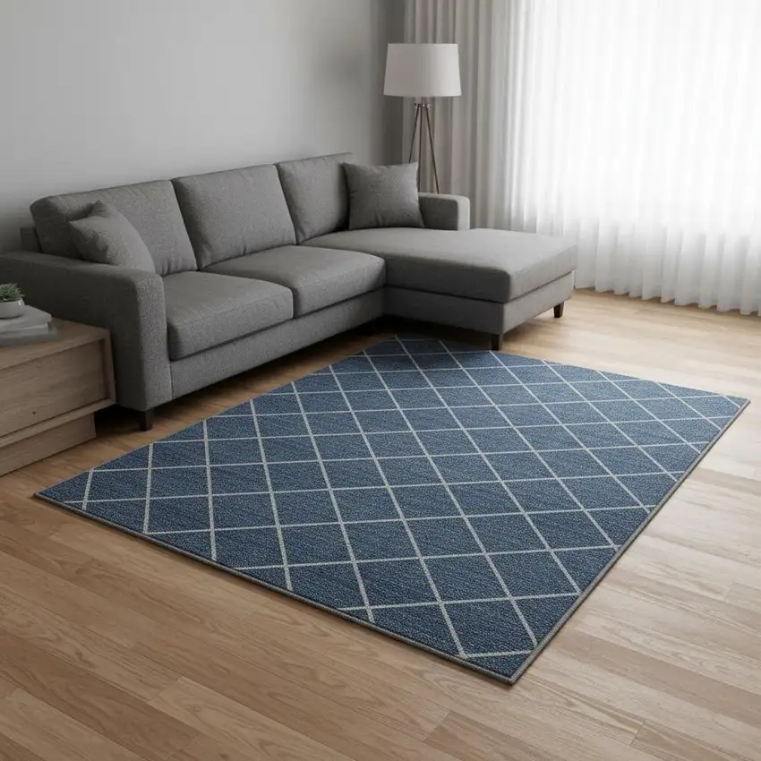 Denim Blue And Ivory Geometric Washable Area Rug With UV Protection Photo 2