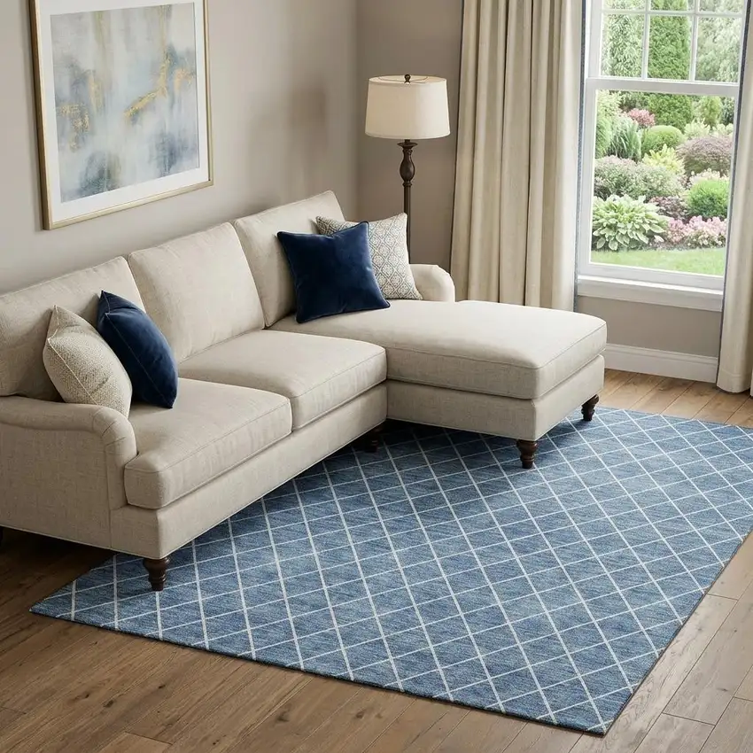 Denim Blue And Ivory Geometric Washable Area Rug With UV Protection Photo 1