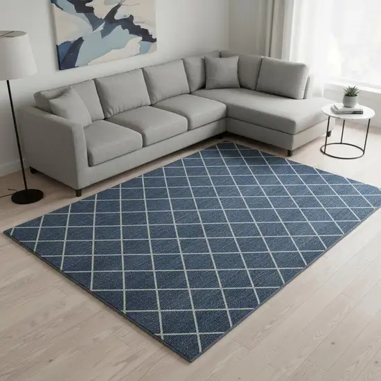 Denim Blue And Ivory Geometric Washable Area Rug With UV Protection Photo 2