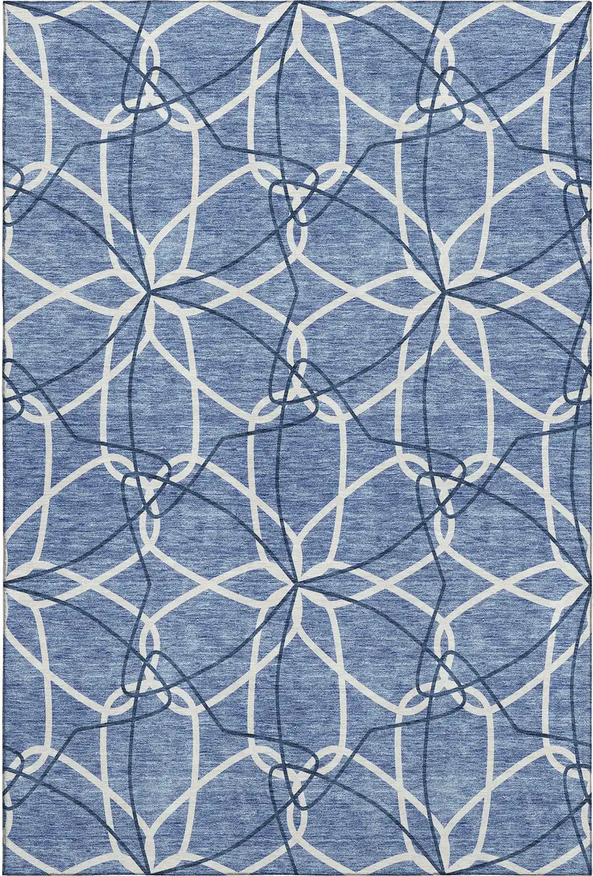Denim Blue And Ivory Geometric Washable Area Rug With UV Protection Photo 1