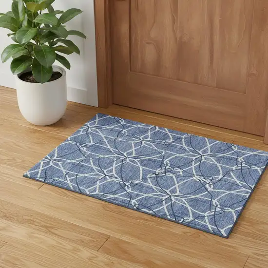 Denim Blue And Ivory Geometric Washable Area Rug With UV Protection Photo 1