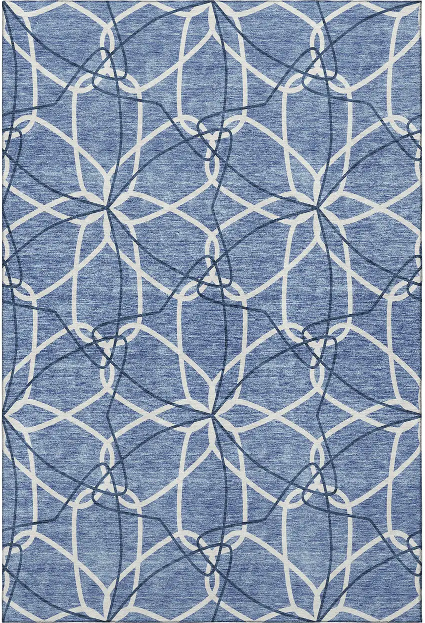 Denim Blue And Ivory Geometric Washable Area Rug With UV Protection Photo 3
