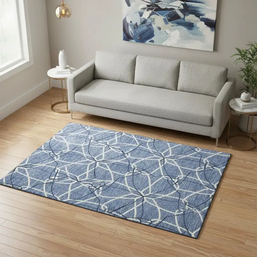 Denim Blue And Ivory Geometric Washable Area Rug With UV Protection Photo 2