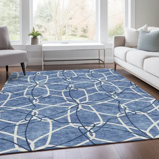 Denim Blue And Ivory Geometric Washable Area Rug With UV Protection Photo 5