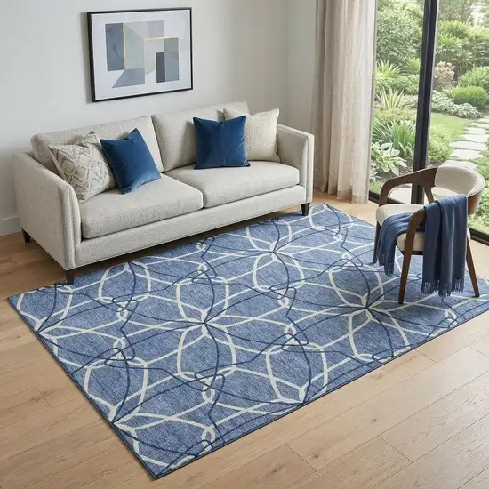 Denim Blue And Ivory Geometric Washable Area Rug With UV Protection Photo 1