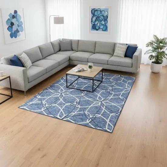 Denim Blue And Ivory Geometric Washable Area Rug With UV Protection Photo 2