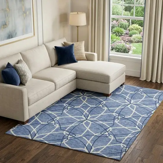 Denim Blue And Ivory Geometric Washable Area Rug With UV Protection Photo 1