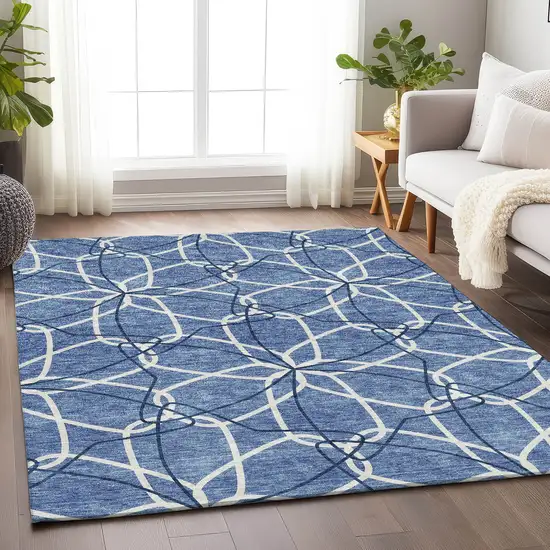 Denim Blue And Ivory Geometric Washable Area Rug With UV Protection Photo 4