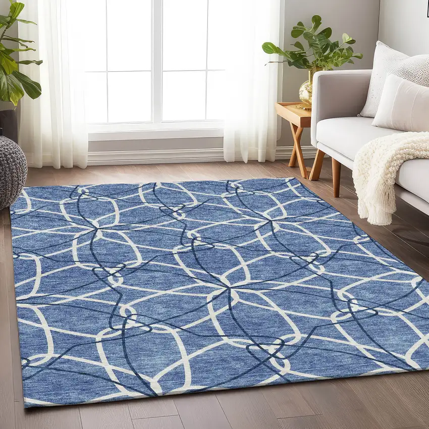 Denim Blue And Ivory Geometric Washable Area Rug With UV Protection Photo 4