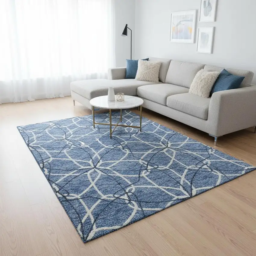 Denim Blue And Ivory Geometric Washable Area Rug With UV Protection Photo 2