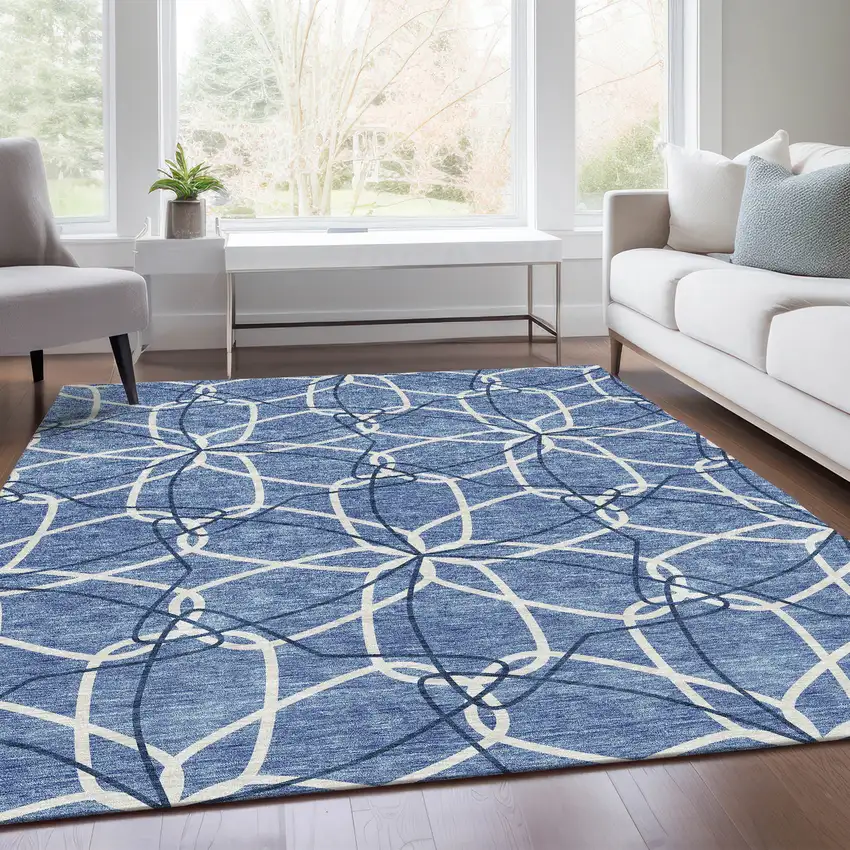 Denim Blue And Ivory Geometric Washable Area Rug With UV Protection Photo 5