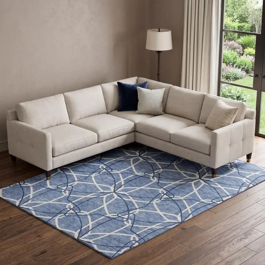 Denim Blue And Ivory Geometric Washable Area Rug With UV Protection Photo 1
