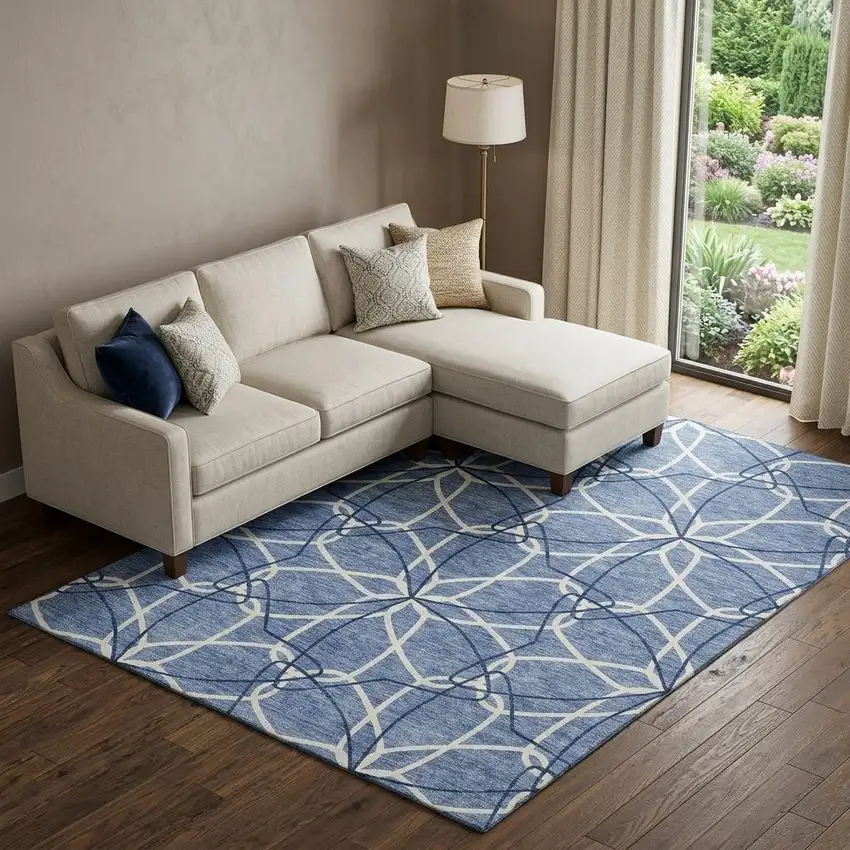 Denim Blue And Ivory Geometric Washable Area Rug With UV Protection Photo 1