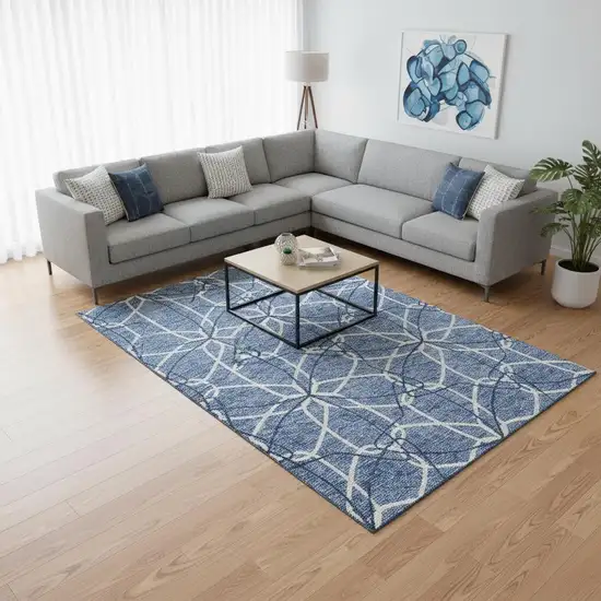 Denim Blue And Ivory Geometric Washable Area Rug With UV Protection Photo 2
