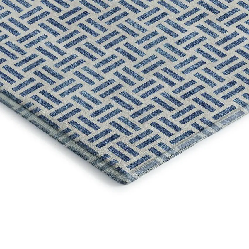 Denim Blue And Ivory Geometric Washable Area Rug With UV Protection Photo 3