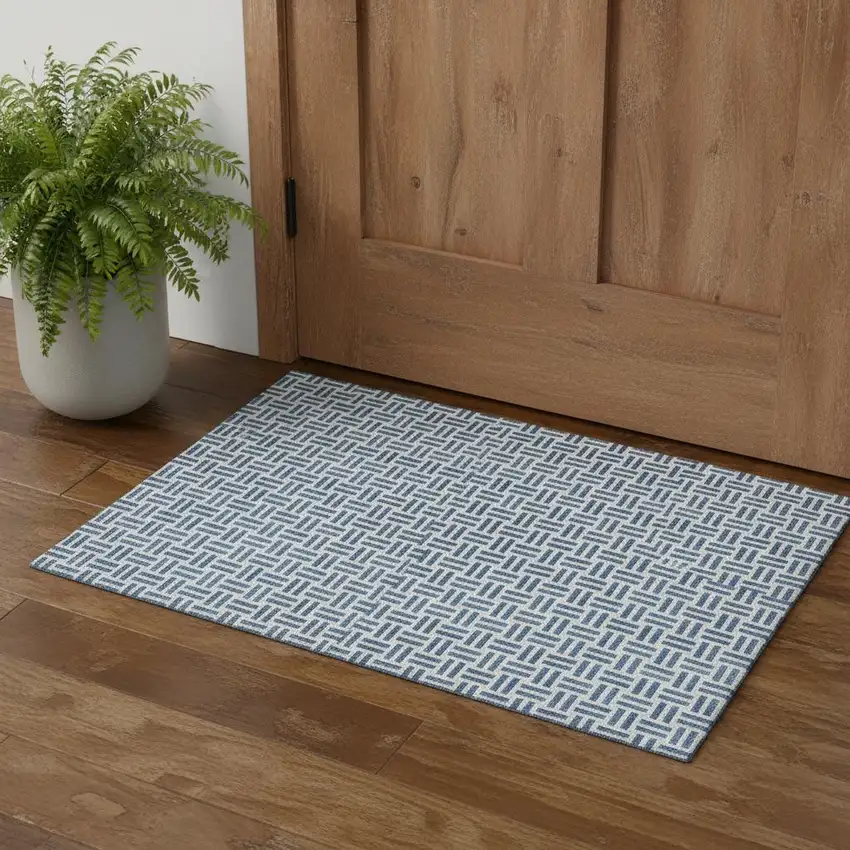 Denim Blue And Ivory Geometric Washable Area Rug With UV Protection Photo 1