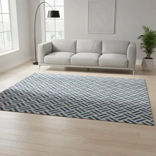 Denim Blue And Ivory Geometric Washable Area Rug With UV Protection Photo 2
