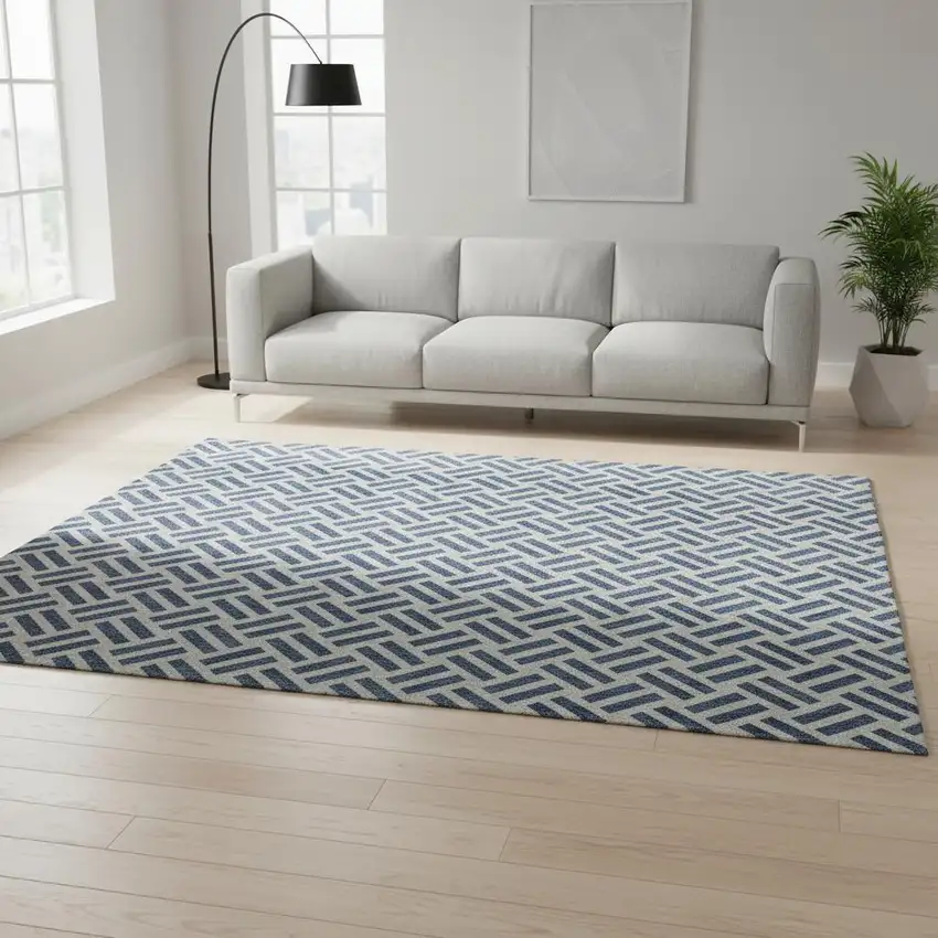Denim Blue And Ivory Geometric Washable Area Rug With UV Protection Photo 2