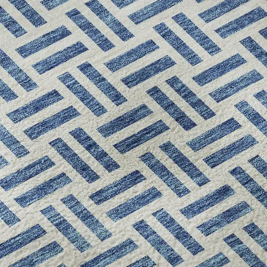 Denim Blue And Ivory Geometric Washable Area Rug With UV Protection Photo 9