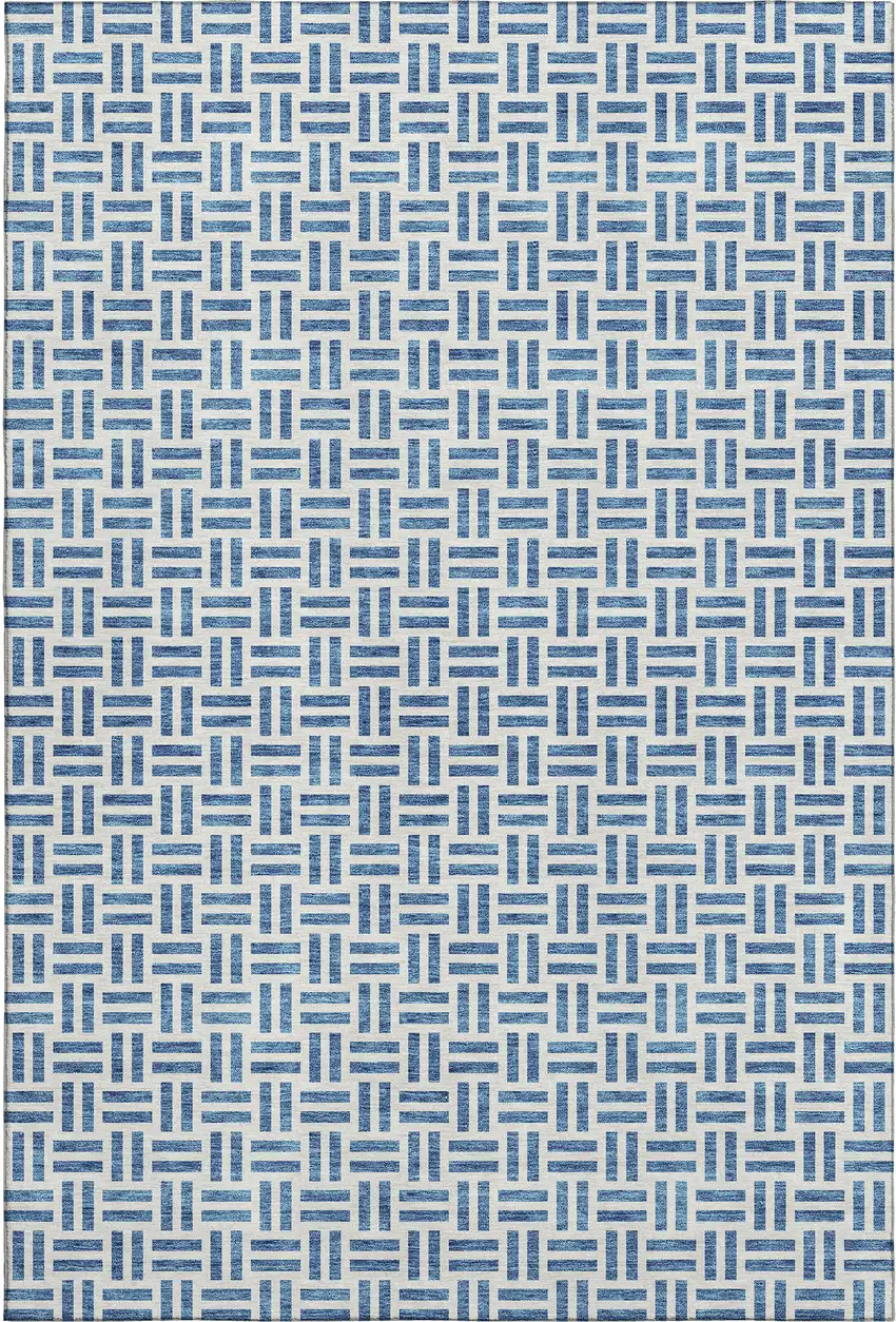 Denim Blue And Ivory Geometric Washable Area Rug With UV Protection Photo 6