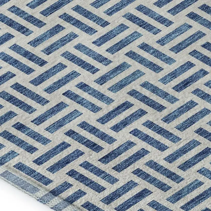 Denim Blue And Ivory Geometric Washable Area Rug With UV Protection Photo 2