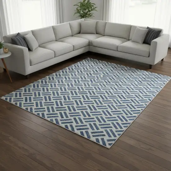 Denim Blue And Ivory Geometric Washable Area Rug With UV Protection Photo 2