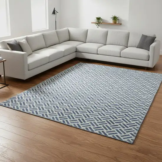 Denim Blue And Ivory Geometric Washable Area Rug With UV Protection Photo 2
